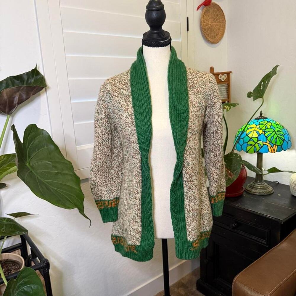 Hand Knit Green Marled Cardigan Sweater Cottagecore Grandpa Coastal Boho